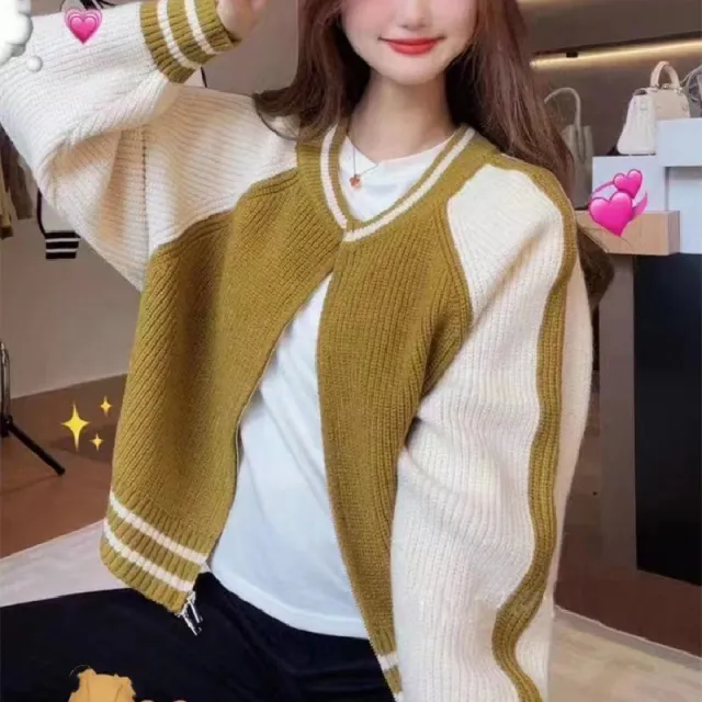Korean Style Double Zipper Sweater Round Neck Multicolor Coat Green - Shop at LoveMi