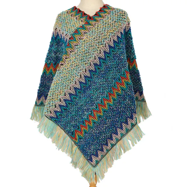 Warm Autumn And Winter Colorful Ethnic Style Pullover Cloak Women Denim Blue - Shop at LoveMi