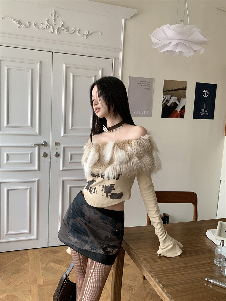 Design Stitching Fur Collar Off-the-shoulder Long Sleeve Slim Fit Bottoming Top