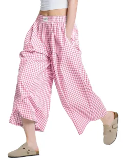 Linen Plaid Casual Loose Slimming Lazy Wide-leg Pants - Pink - View 1
