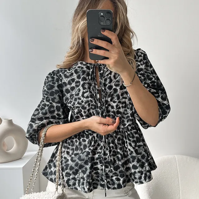 Women's Design Lace up Bubble Sleeve Printed Blouse Gray - Shop at LoveMi