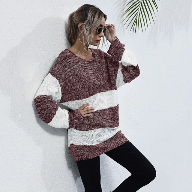 Striped Color Matching Knitted Inner Match Female Mid length Sweater Wine Red - Shop at LoveMi