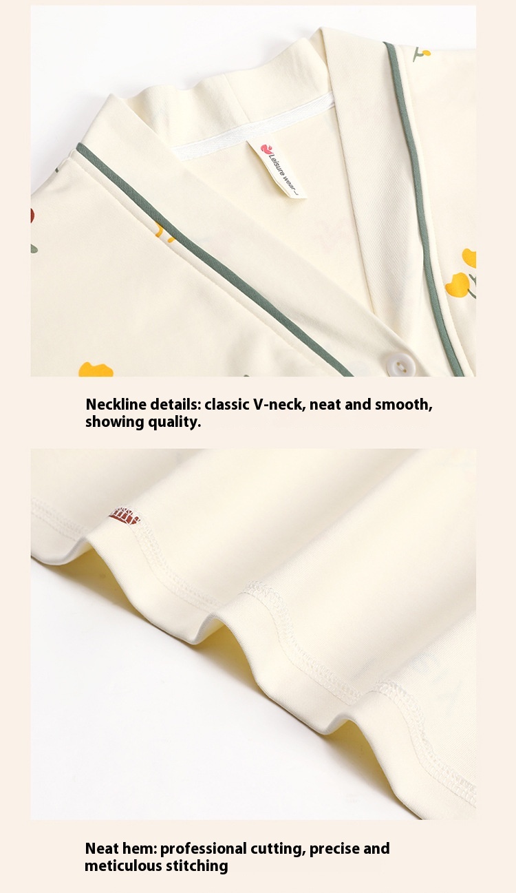 Knitted Cotton Women's Cardigan Pajamas Suit With Chest Pad