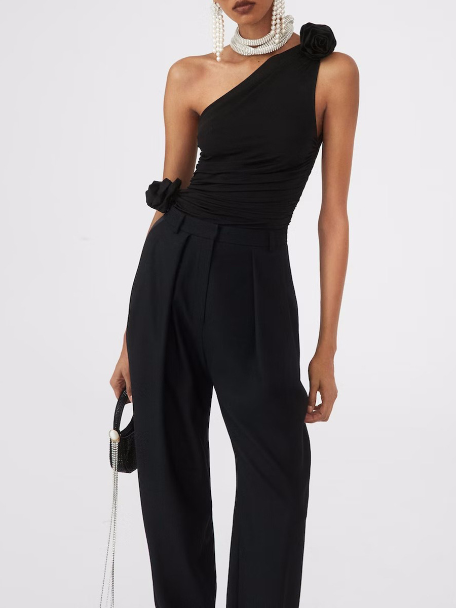 Sleeveless Sloping Shoulder Backless Top Women's Three-dimensional Flower Sexy Slimming High-grade Vest