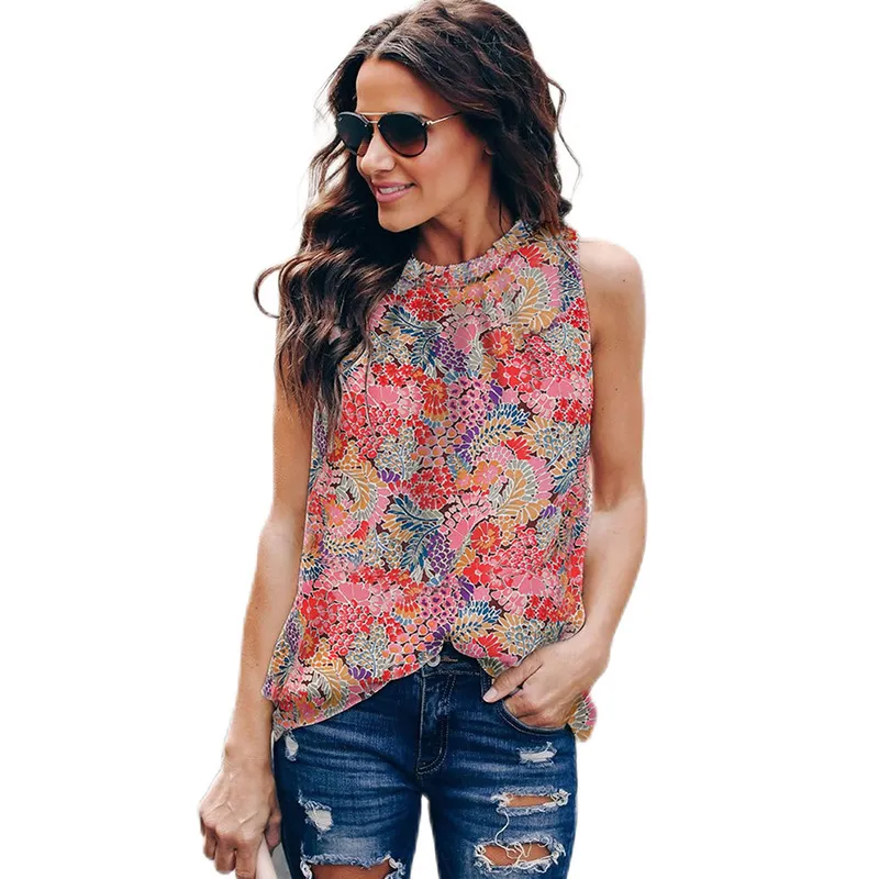 Floral Print Pullover Vest For Women Summer Round Neck Sleeveless Ruffle Top Women - Floral