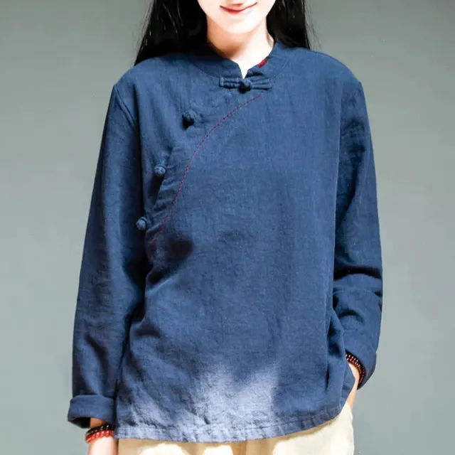Stand up Collar Slanting Jin Button Shirt Navy Blue - Shop at LoveMi