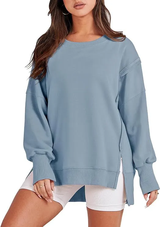 Round Neck Long Sleeve Top Female Frayed Hem Split Patchwork Sweater Light Blue - Shop at LoveMi