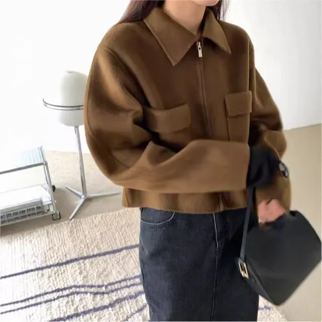French Style Lapel Slimming Versatile Double Pocket Design Cardigan Brown - Shop at LoveMi