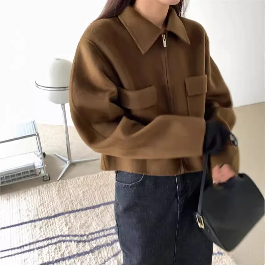 French Style Lapel Slimming Versatile Double Pocket Design Cardigan - Brown