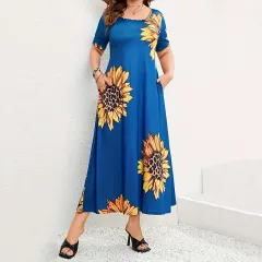 Sunflower Print Loose Short Sleeve Dress - Blue - View 1