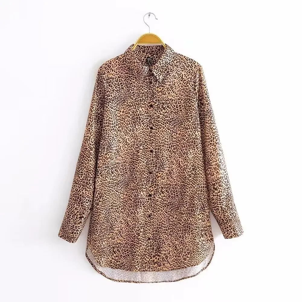 Women's Animal Print Satin Texture Long Sleeve Shirt - Shirt