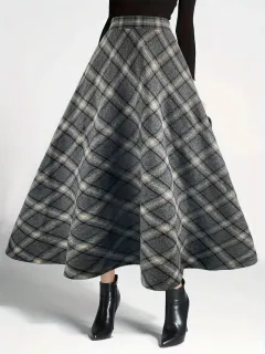 Women's Plaid Wool Wool Blend Skirt - Gray - View 1