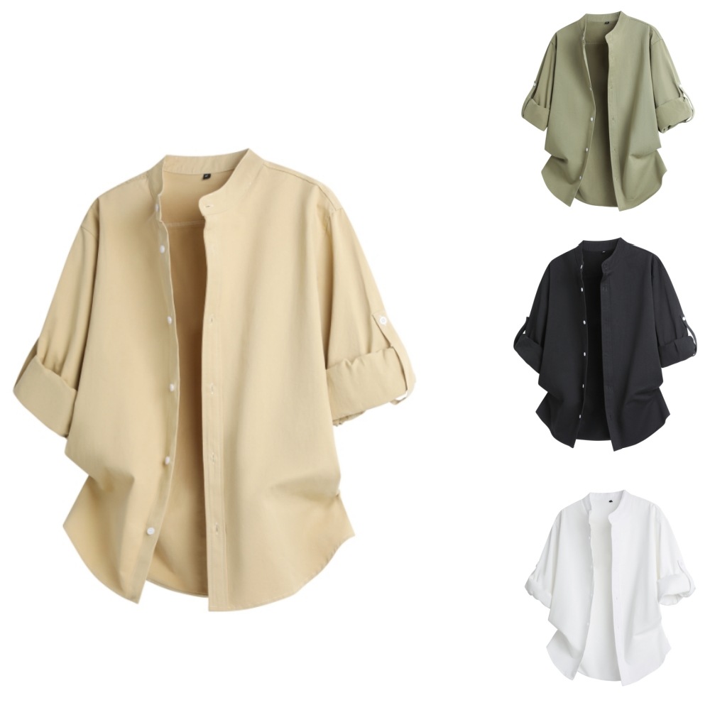 Solid Color Commute Trendy Brand Rolled Sleeves Shirt Coat Men