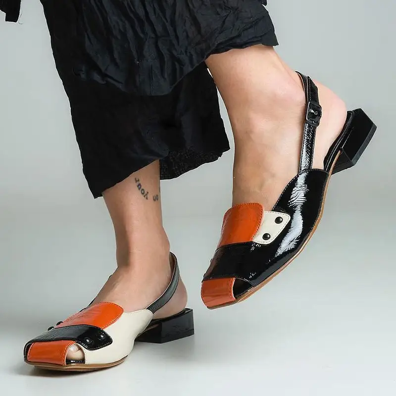 Color-blocked Buckle-strap Block-heeled Casual Plus-size Womens Sandals