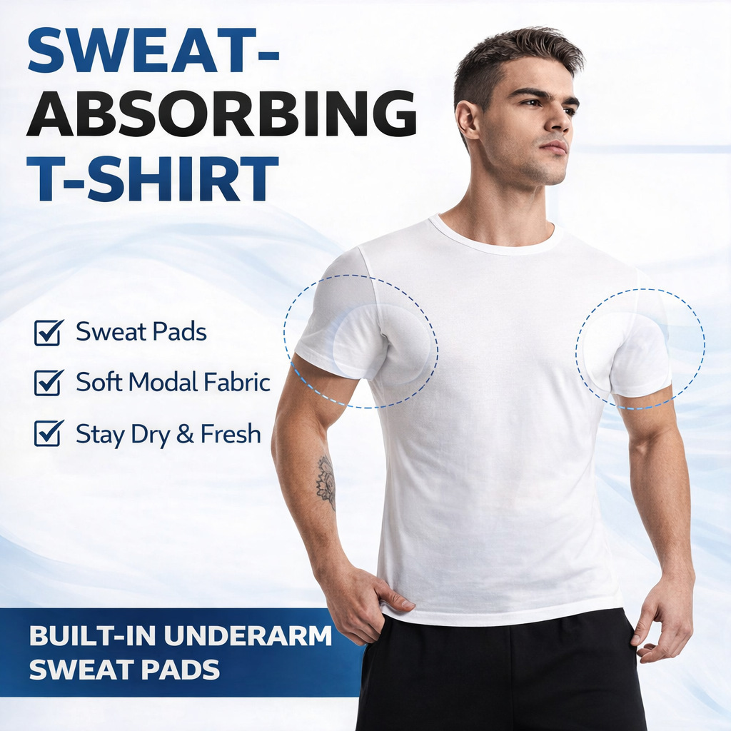 Mens V-neck T-shirt With Sweat-absorbing Pads Under The Arms