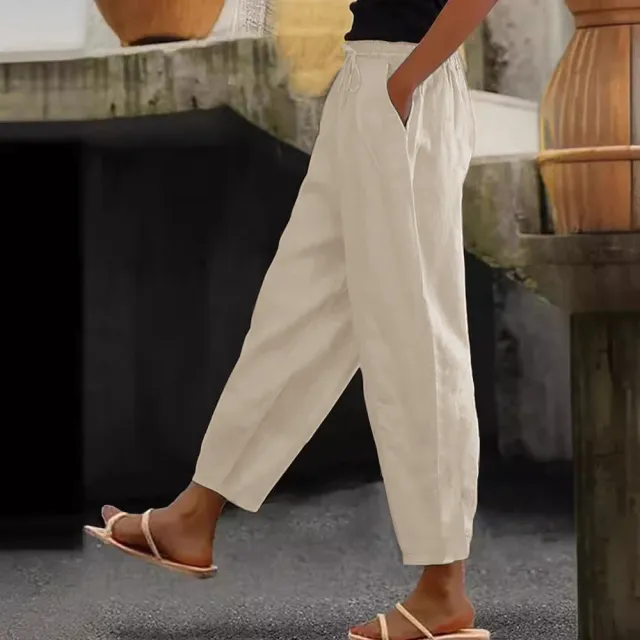 Spring And Autumn New Women's Cotton And Linen Solid Color Fashion Casual Daily Elasticated Slacks Apricot - Shop at LoveMi