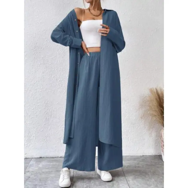 Plus Size Loose Long Shirt Wide Leg Pants Two piece Set Gray Blue - Shop at LoveMi