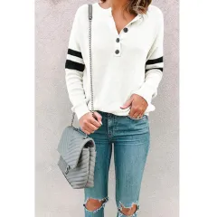 European And American Women's Clothing Patchwork Round Neck Button T-shirt Top - White - View 1