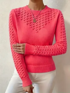 Womens Hollow-Out Knitted Sweater With A Crew Neck And Long Sleeves, Slim-Fit Design - Rose - View 1