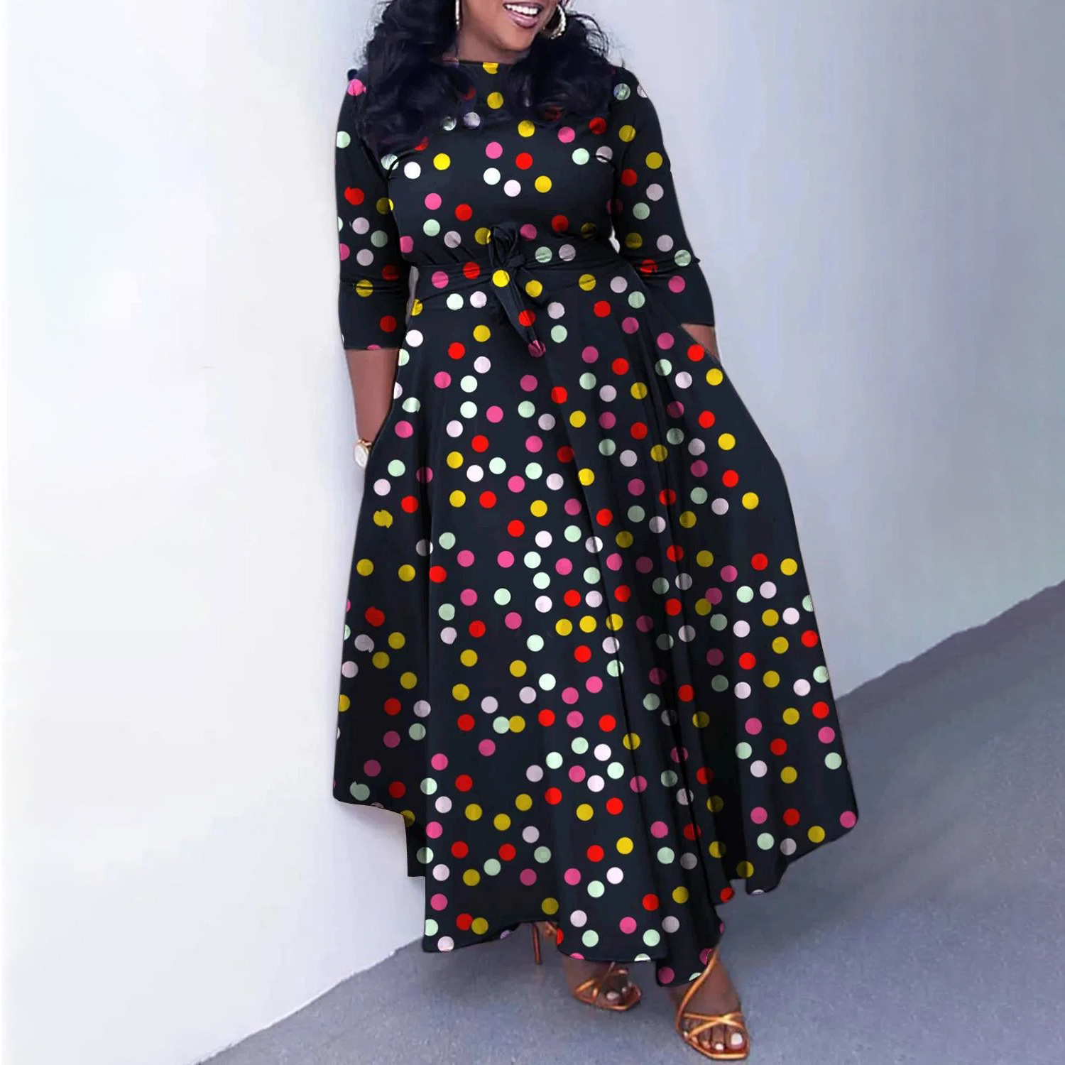 Fashion Temperament Printed Lace-up Crew Neck Large Swing Dress