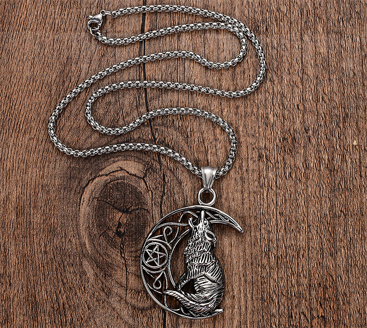 Title 1, Wolf On The Moon Pendant Necklace In Stainless ...