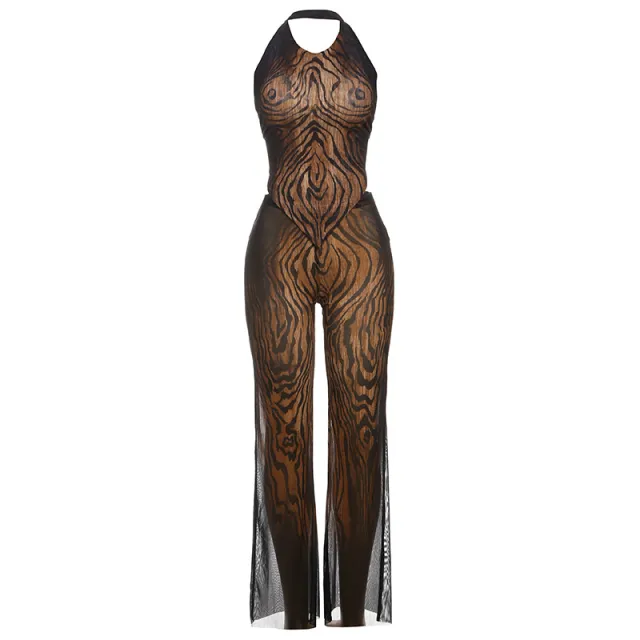 Printed Sleeveless Top Tight Trousers Suit For Women Brown - Shop at LoveMi