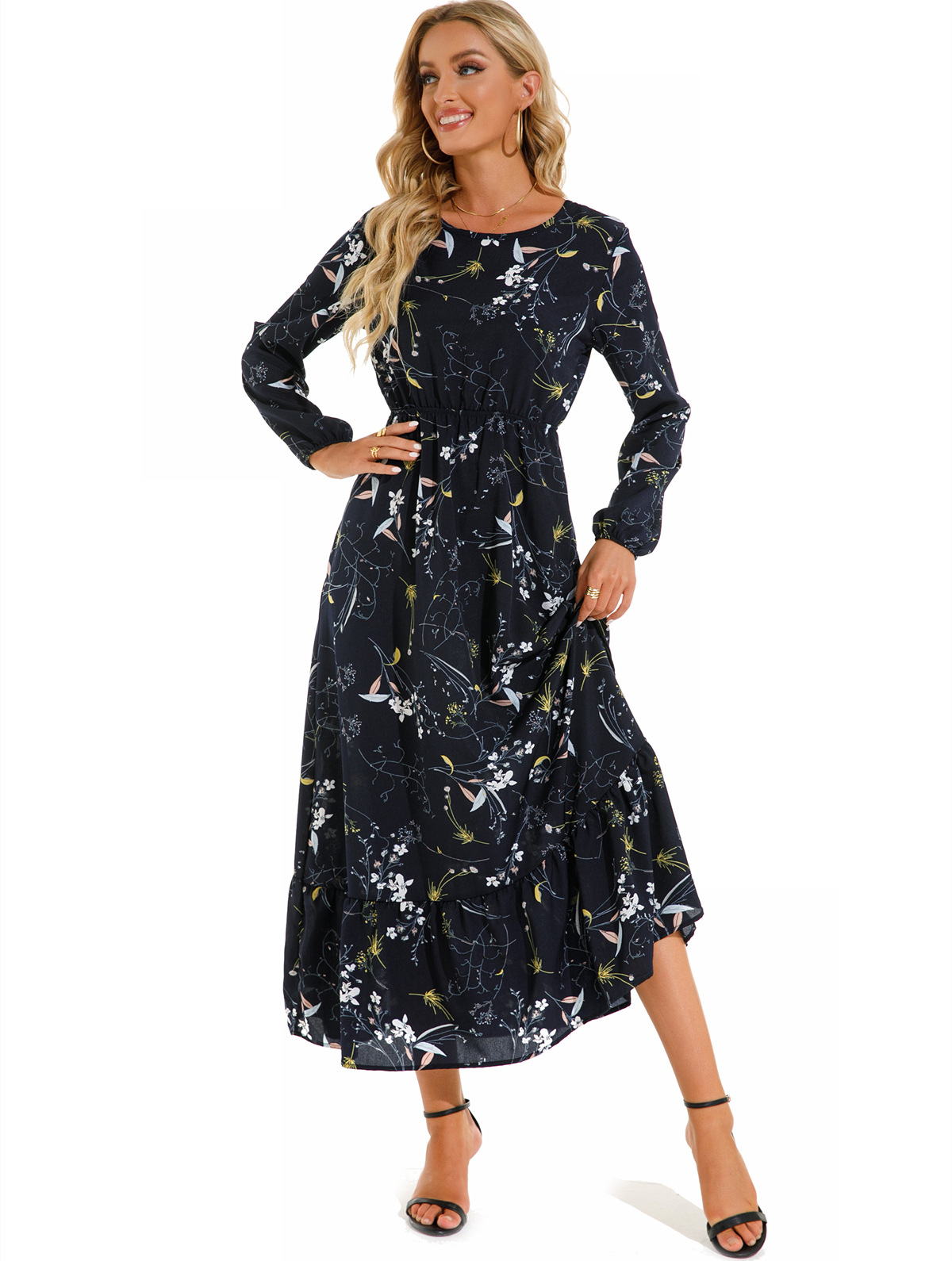 Womens Versatile Round-neck Floral Chiffon Dress