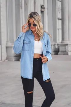 Women's Light Color Figure Flattering Thin Denim Long-sleeved Shirt - Light Blue - View 1