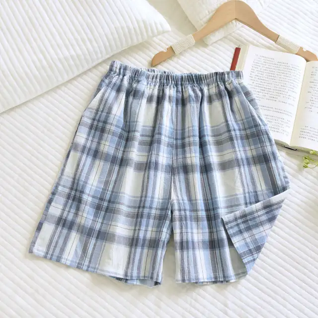 Home Sleeping Pants Pure Cotton Gauze Can Be Worn Outside Loose And Simple Blue And White Plaid - Shop at LoveMi