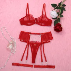 Chain Flower Embroidered Underwear Bra Set Female - Red - View 1