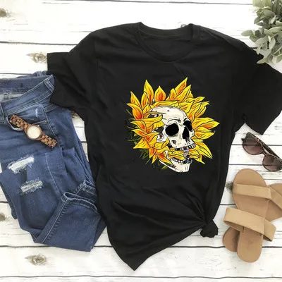 Skull Sunflower Print Short Sleeve Women Black - Shop at LoveMi