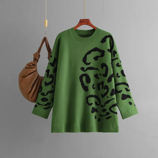 Knitted Brocade Sweater Women's Round Neck Pullover Leopard Print Green - Shop at LoveMi