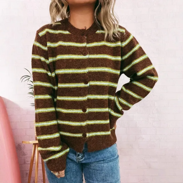 Striped Contrast Color Knitted Cardigan Simple Commute Round Neck Sweater Brown - Shop at LoveMi