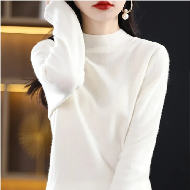 Loose Slimming Thickened New Wool Women's Half Turtleneck Knitted Sweater White - Shop at LoveMi