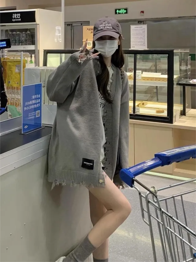 V neck Knitted Cardigan Sweater Coat Female Casual Loose Top Gray - Shop at LoveMi
