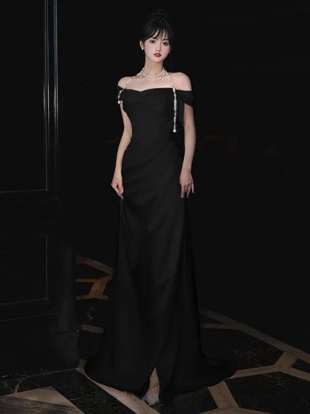 Bridal Light Wedding Dress Women's Off shoulder Toast Dress Black - Shop at LoveMi