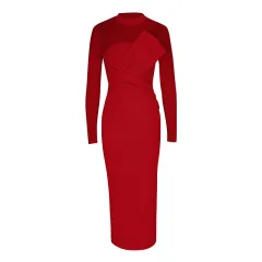Fashionable And Elegant Slim-fit Patch Sexy Waist-cinching Slit Dress - Red - View 1
