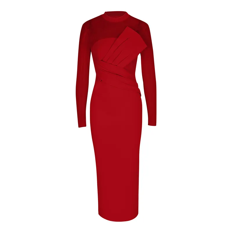 Fashionable And Elegant Slim-fit Patch Sexy Waist-cinching Slit Dress - Red