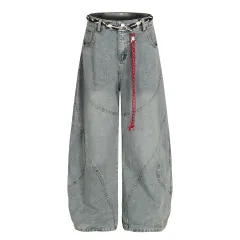 Retro Patchwork Waist Chain Washed Machete Jeans For Men And Women - Light Blue - View 1