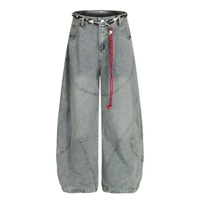 Retro Patchwork Waist Chain Washed Machete Jeans For Men And Women Light Blue - Shop at LoveMi