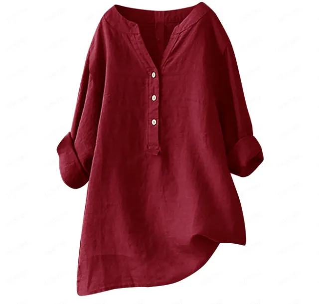 Loose Solid Color Cotton And Linen Top Shirt Red - Shop at LoveMi