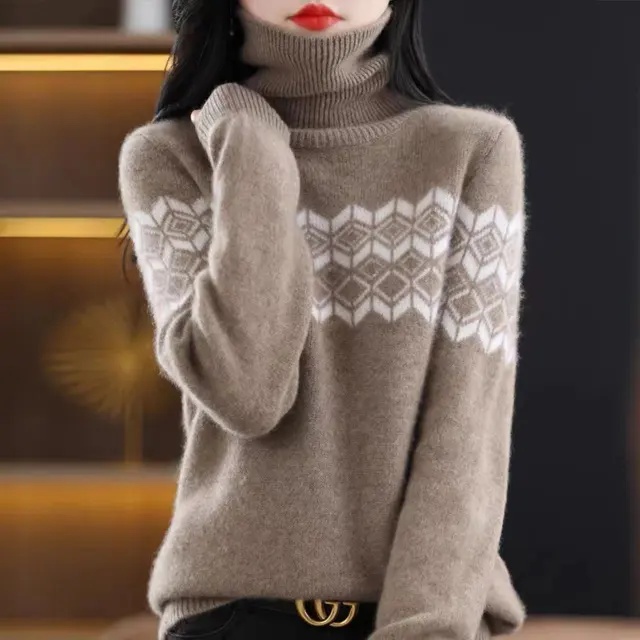 Winter New Retro Jacquard Wool High Collar Loose Thickened Jumper Camel - Shop at LoveMi