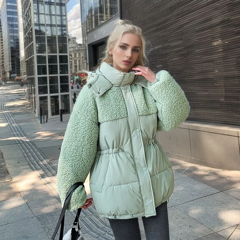 Women's Cotton-padded Coat Stitching Lamb Wool Waist Drawstring Coat - Bean Green