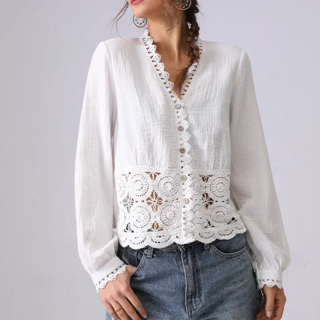 Women's French Hollow Lace Loose Shirt Beige White - Shop at LoveMi