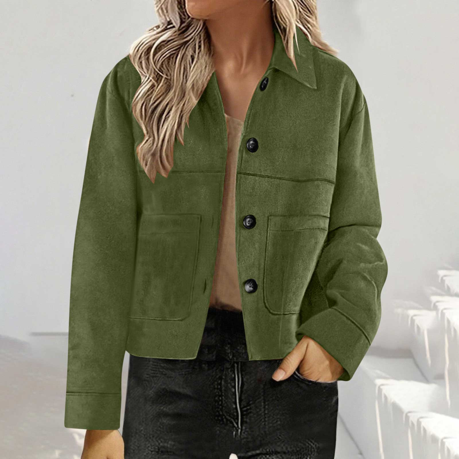 Solid Color Loose Fit Suede Short Jacket For Women