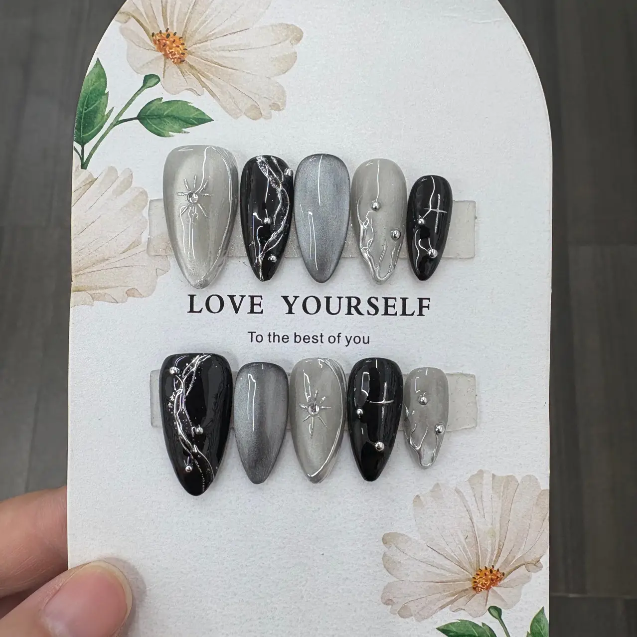 Handmade Wearable Nails Almond Shape Silver Stars