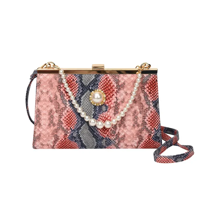 New Vintage Snake pattern Pearl chain Evening Bag Pink - Shop at LoveMi