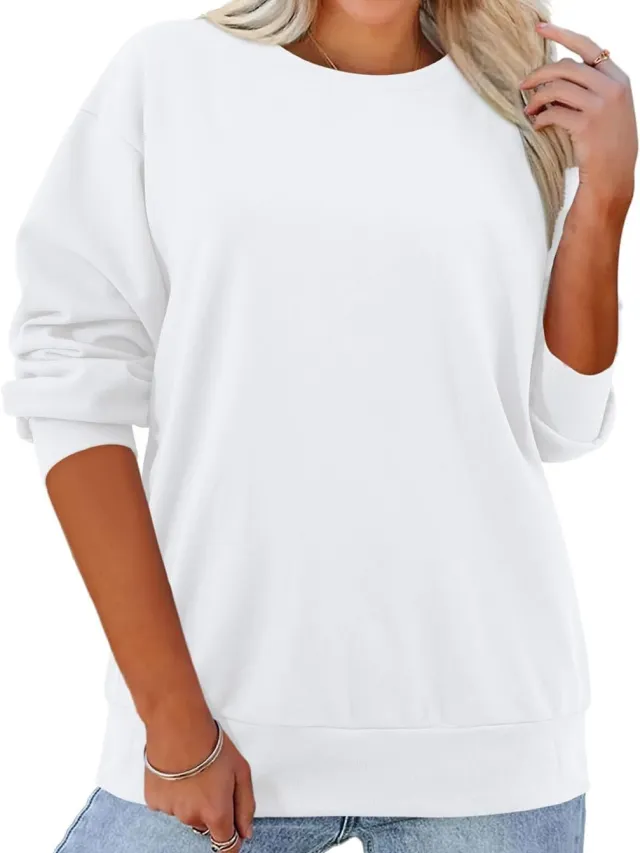 Fleece lined Thick Round Neck Loose fitting Solid Color Long Sleeves Sweater White - Shop at LoveMi