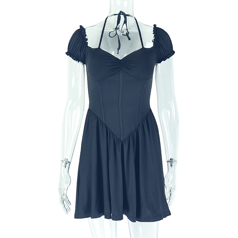 Off the shoulder Waist cinching Pleated V neck Short Dress Black - Shop at LoveMi