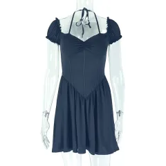 Off-the-shoulder Waist-cinching Pleated V-neck Short Dress - Black - View 1